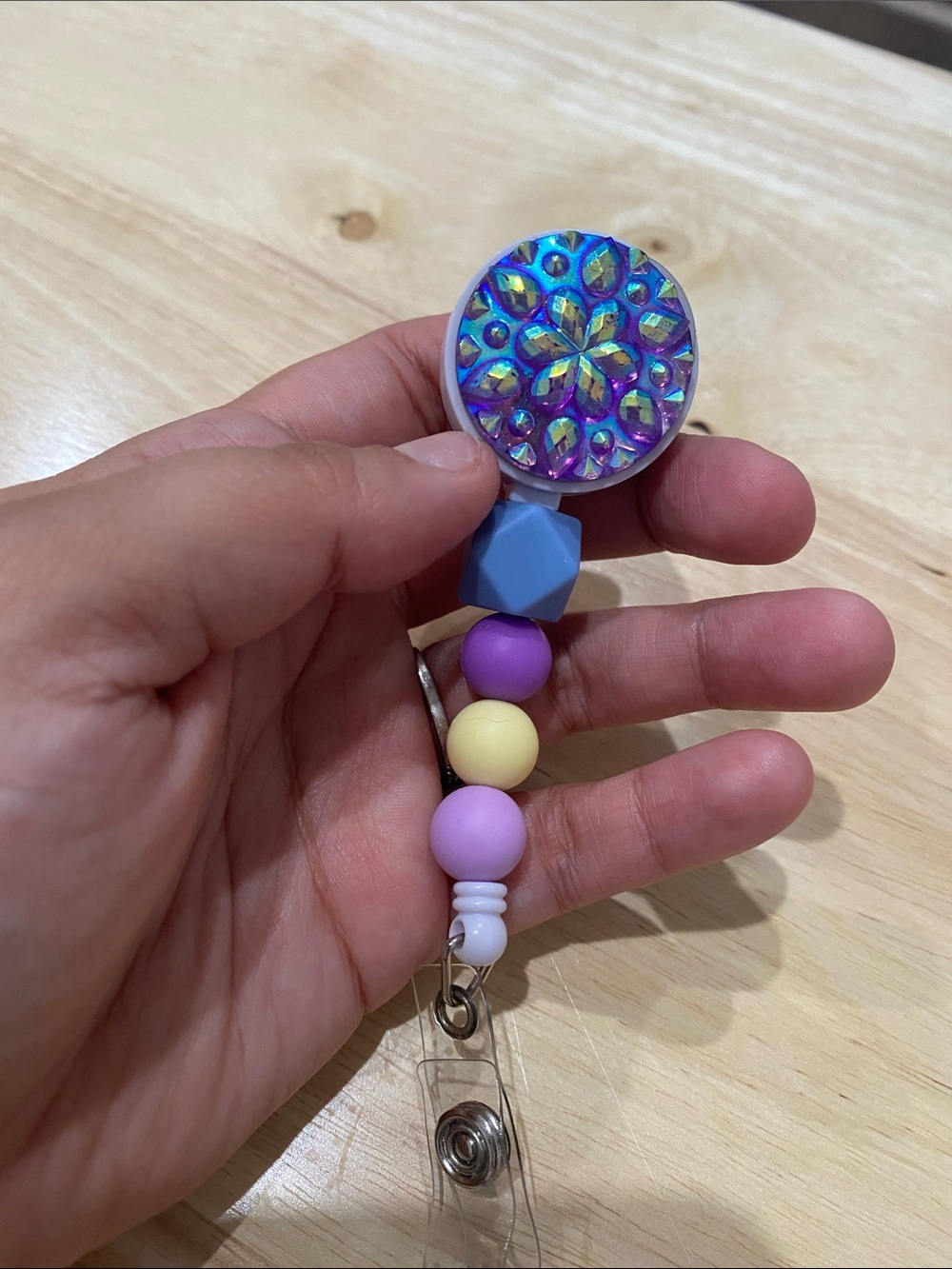 Iridescent Purple Floral Badge Reel with Pastel Beads